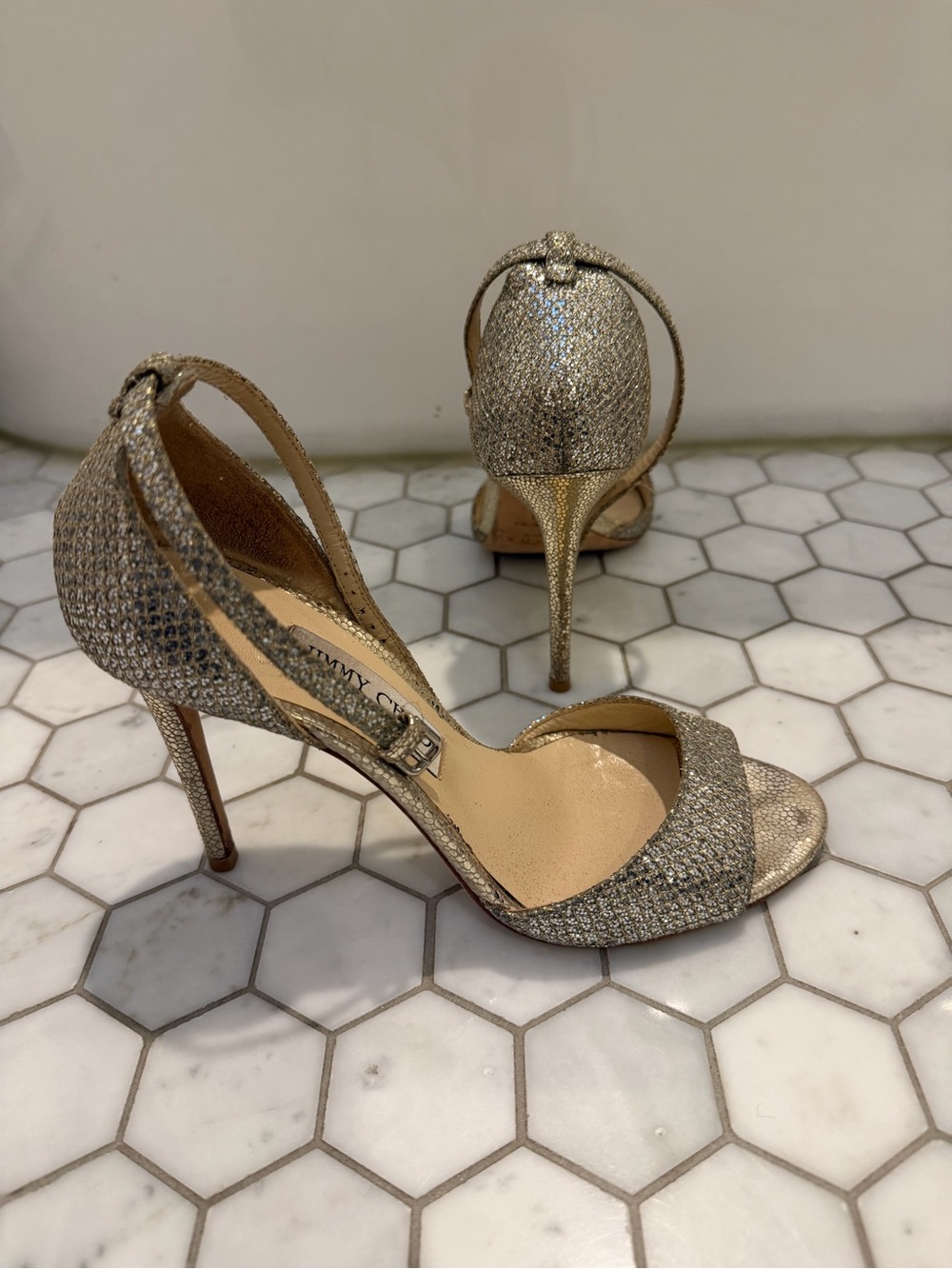 Jimmy Choo Gold Glitter Open-Toe Slingback Heels
